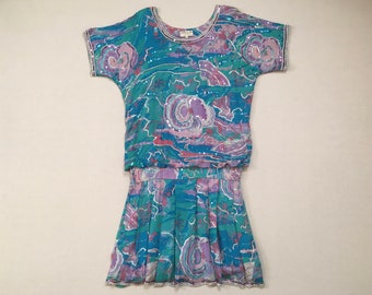 1980's, silk, beaded, sequin, dropped waist, short sleeve dress, in turquoise and pastel, floral, butterfly and water print