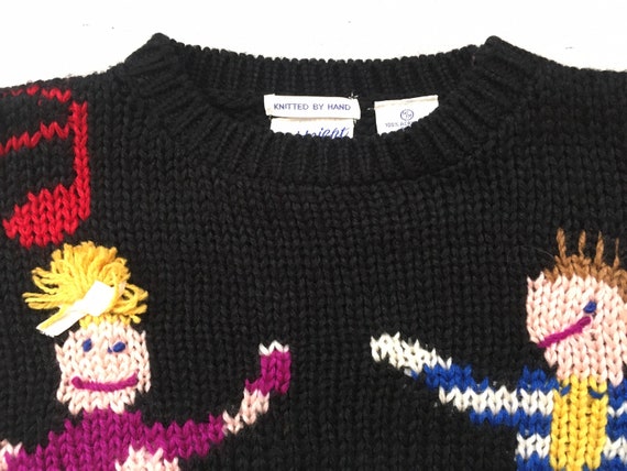 1990's, sweater, in black, with colorful, dancing… - image 2