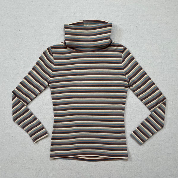 1970's, cowl neck turtleneck in beige, cream, periwinkle, terracotta, rust, tan, blue and metallic silver stripes