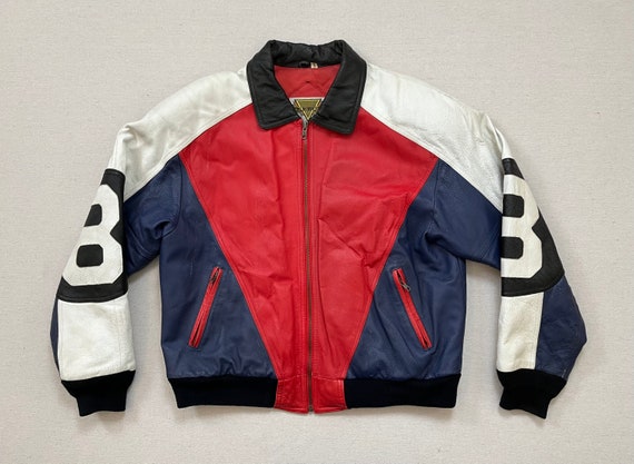 1990's, Leather, 8-ball Jacket in Blue, Red, White and Black 1990's, Leather, 8-ball Jacket in Blue, Red, White and Black
