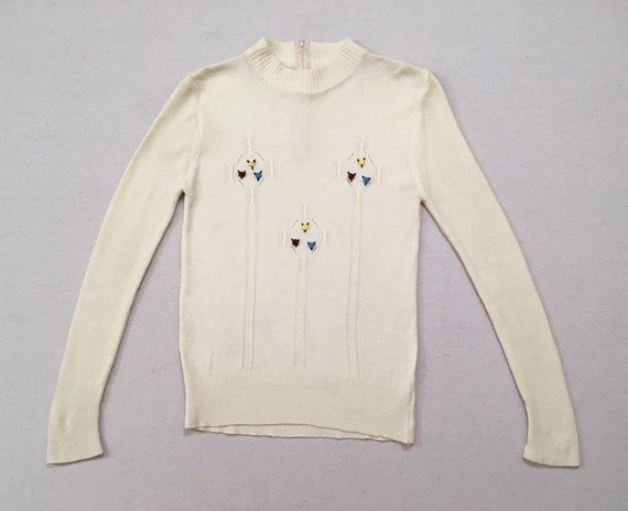 1970's, thin sweater, in cream, with burgundy, ye… - image 1