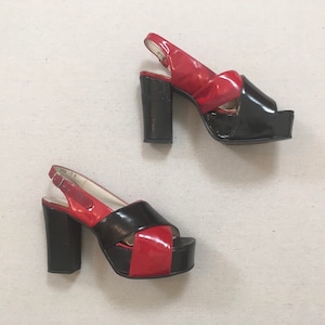 1970&#39;s, Italian patent leather, platform heels, in black and red, Women&#39;s size 7 N