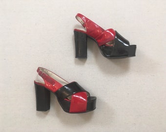 1970's, Italian patent leather, platform heels, in black and red, Women's size 7 N