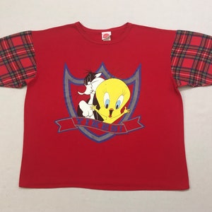 1994, cotton, Sylvester and Tweety, &quot;YIKES&quot; tee, in red with plaid, flannel sleeves