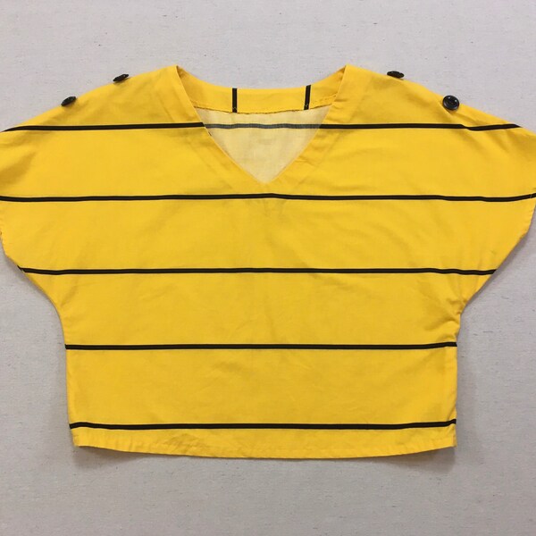1980's, V-neck, boxy cut, semi-cropped, cap sleeve top, in yellow with black stripes