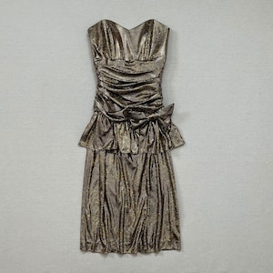 1980&#39;s, strapless, peplum dress in black and brown cheetah print with tiny, metallic, gold polka dots