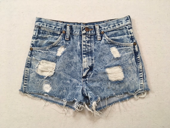 1980's, distressed, cut-off, denim shorts, in aci… - image 1