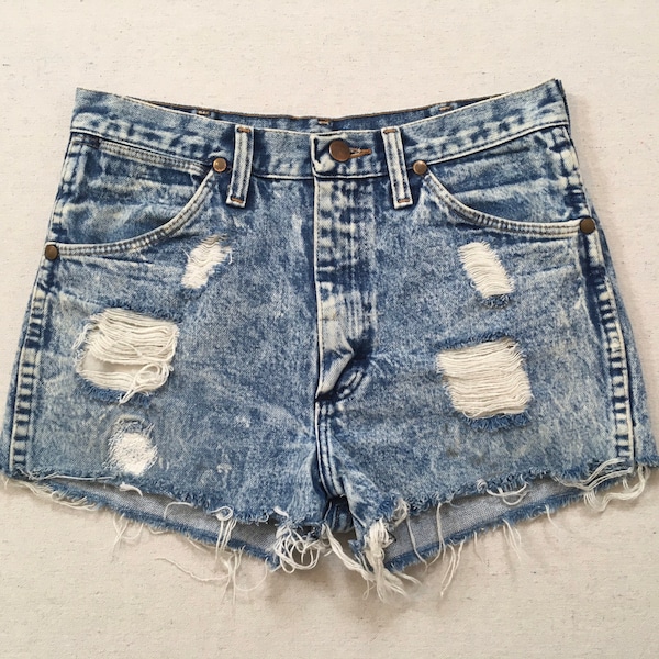 1980's, distressed, cut-off, denim shorts, in acid wash, by Wrangler