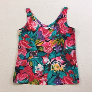 1990er, Seide, Tank, in schwarz, rosa, rot, türkis, gelb, lila und weiß, Blumendruck