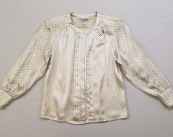 1990's, silk, pleated front, balloon sleeve, blouse, in cream with black design, by Ann Taylor