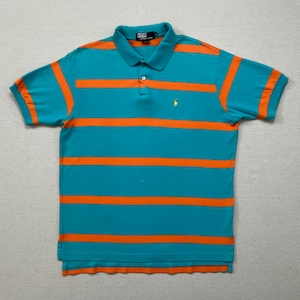 1990&#39;s, cotton, Polo, polo shirt in turquoise with cantaloupe stripes