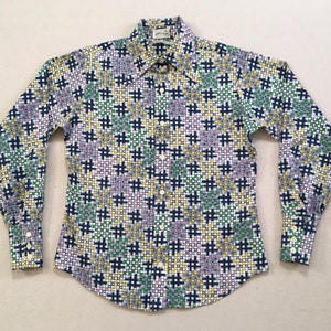 1970&#39;s, long collar, button up, in white, with navy, green, yellow and lilac, check, X and # design
