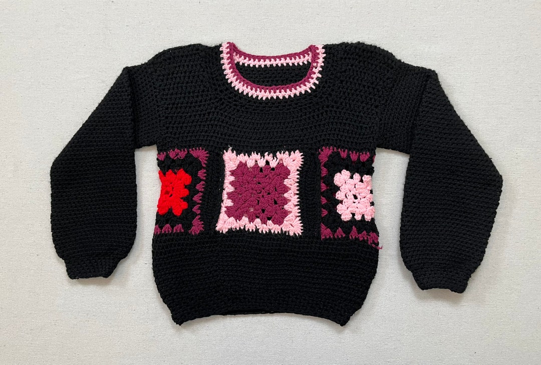 1980's, Hand Crocheted, Balloon Sleeve, Afghan Square Sweater in Black ...