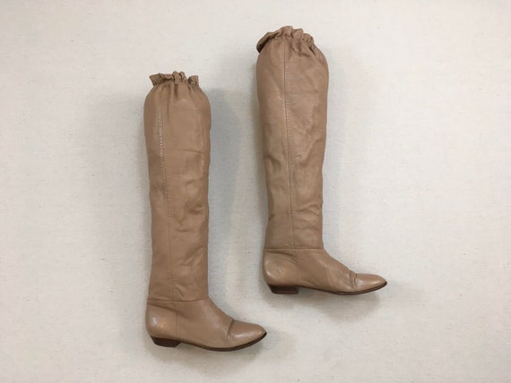 1980's, thigh high, low heel boots, in nutmeg leat