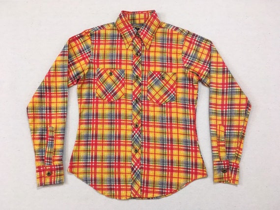 1990's Plaid Flannel Button Up in Yellow Red Blue | Etsy