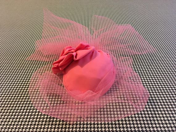1970's, Pink nylon fascinator hat, with pink, tull