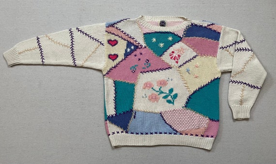 1980's, handknit, cotton sweater in cream with tu… - image 9