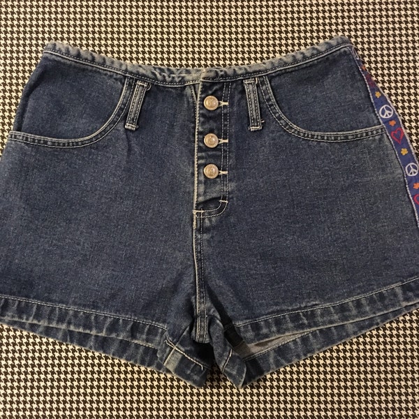 1990's, buttonfly, denim shorts, with heart, flower, peace sign trim, Women's size 9/10