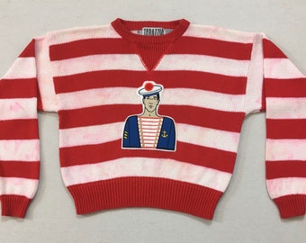 1980's, ramie/cotton blend, sailor patch sweater, in red and white stripes, by Tarazzia