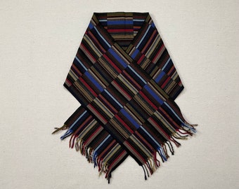 2000's, German lambswool scarf in black, greens, blues, red, yellow and browns