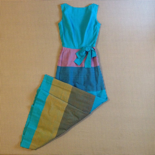 1960's, sleeveless, canvas, maxi dress, in turquoise, lavender, cobalt, and chartreuse stripes, Women size XS