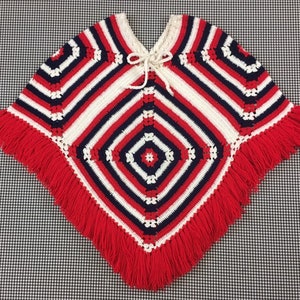 1970's, afghan square shawl, in red, white and navy image 1