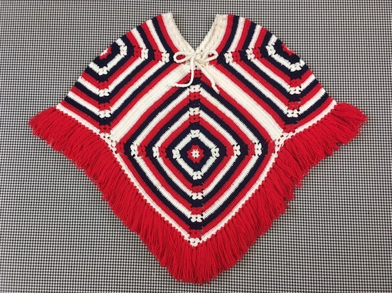 1970's, afghan square shawl, in red, white and na… - image 1
