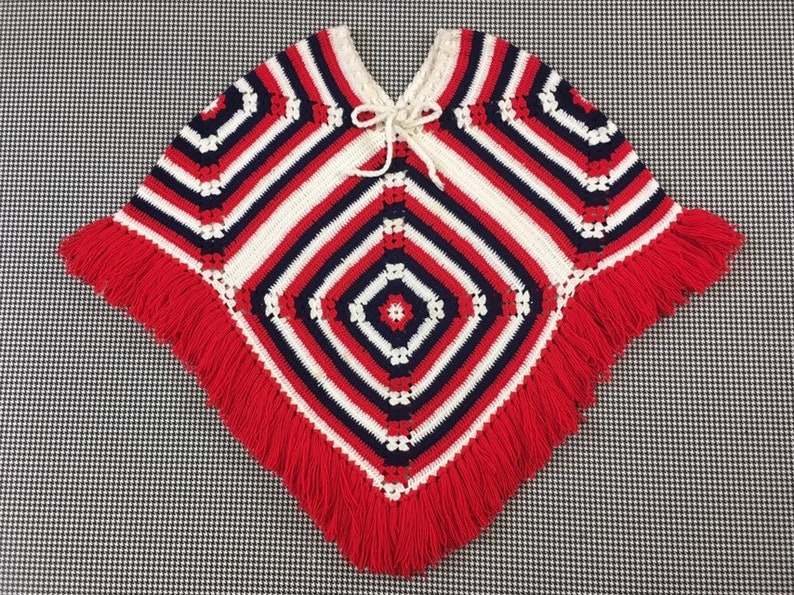 1970's, afghan square shawl, in red, white and navy image 1