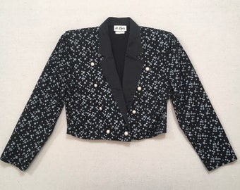 1990's, cotton, cropped, double breasted blazer, in black with white, spiral square design