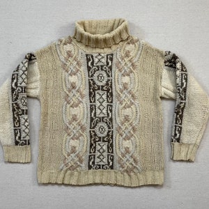 1990&#39;s, cable knit, turtleneck sweater in oatmeal with cream, beige, grays by Express