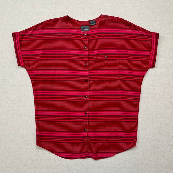 1980's, cotton, cuffed, cap sleeve, button front top in red, pink, violet and gray stripes by LizWear