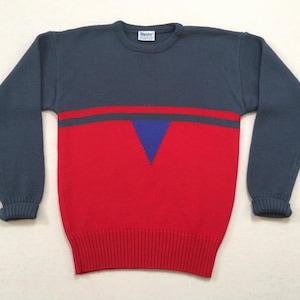 1980&#39;s, wool, ski sweater, in gray and red, with blue, by Meister
