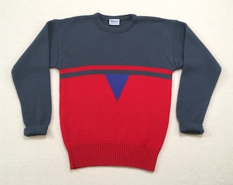 1980's, wool, ski sweater, in gray and red, with blue, by Meister