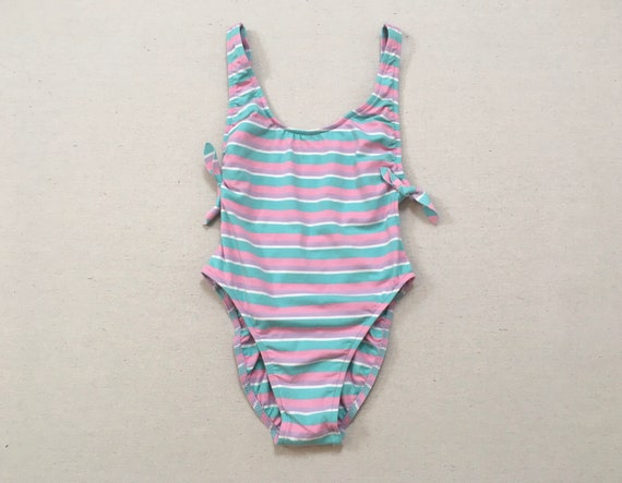 1980's, jersey knit swimsuit, in pastel stripes
