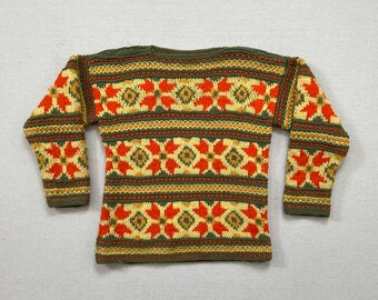 1970's, handknit, snowflake sweater in pale yellow with orange, mustard and olive