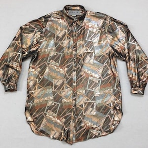 1980&#39;s, oversized, metallic, button up, collar shirt, in gold, silver and copper, geometric print, Women&#39;s size Small