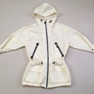 1990&#39;s, hooded, drawstring waist, drawstring bottom, nylon jacket, in white with black trim