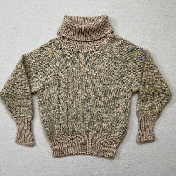 1980's, handknit, wide turtleneck, sweater in heathered beige, blue-gray and dried sage