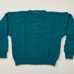 1980&#39;s, wool, chunky, cable knit sweater in tuquoise with colorful flecks