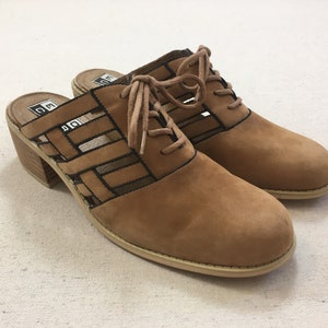 1990&#39;s, stacked wood, chunk heel, woven, suede, tie, mules, in tan, Women&#39;s size 10B