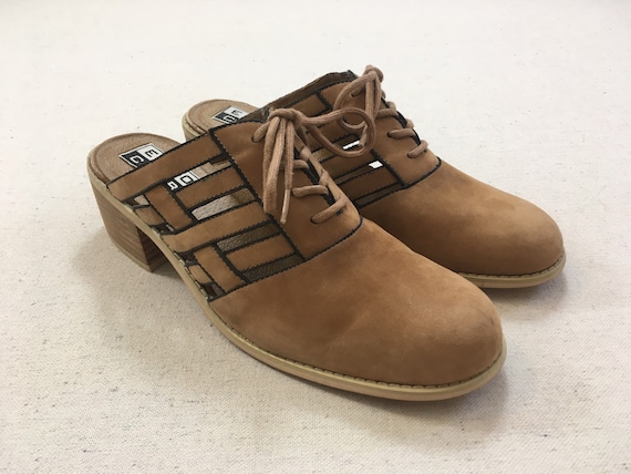 1990's, stacked wood, chunk heel, woven, suede, ti