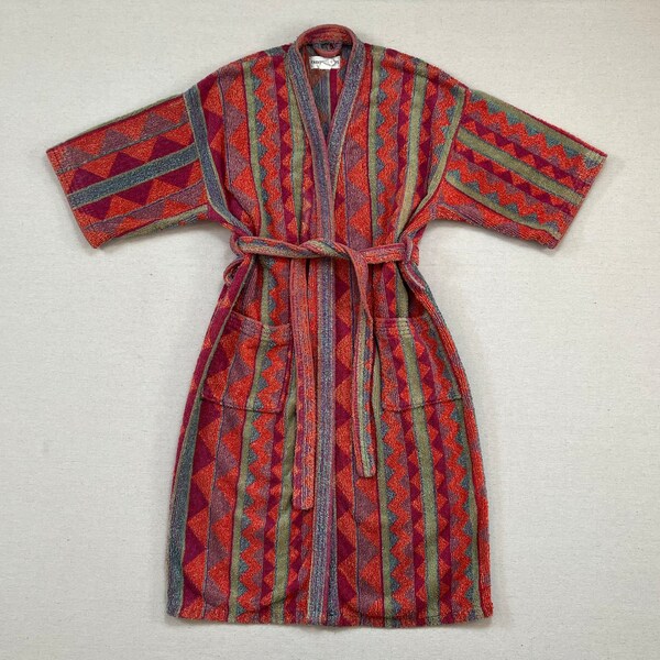 1990's, cotton, terrycloth bathrobe, in raspberry, yellow, lavender and aqua, Southwest design, by Bloomingdale's