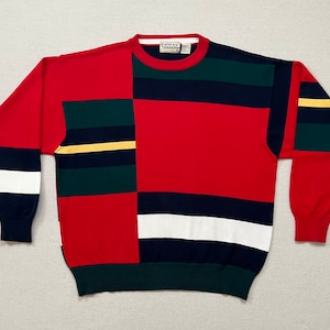 1990&#39;s, cotton sweater in red, navy, Hunter Green, yellow and white, squares and stripes