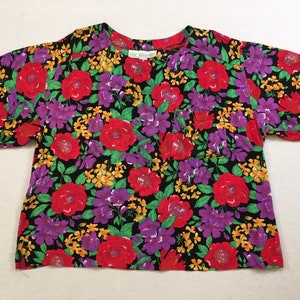 1990&#39;s, rayon, boxy cut, pocket blouse, in black, with red, purple, yellow and green, floral print