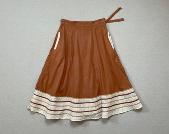 1980's, cotton, wrap skirt in nutmeg with cream and beige