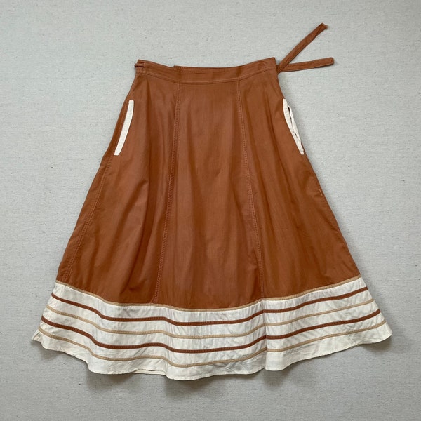 1980's, cotton, wrap skirt in nutmeg with cream and beige