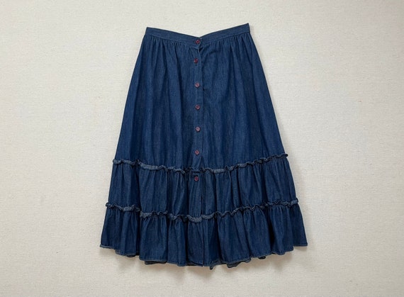 1980's, denim button front, ruffle skirt - image 1