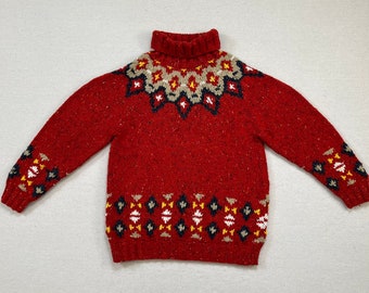 1980's, oversized, chunky, Fair Isle, turtleneck sweater in red with gray, blue, yellow and white