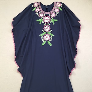 1980&#39;s, Kaftan dress, in navy with white, pink and green, embroidered flowers
