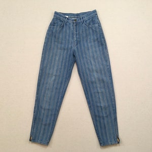 1980&#39;s, zip cuff jeans, in chambray style stripes, by Express